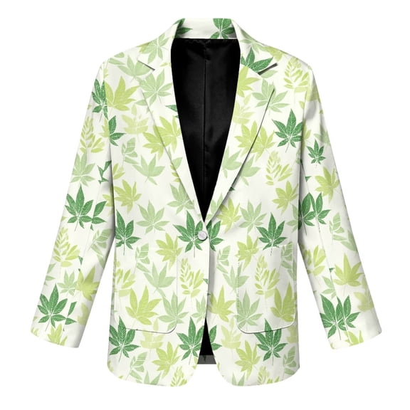 Xoenoiee Green Tropical Palm Leaf Blazers for Women Business Casual Long Sleeve Button Down Notch Lapel Open Front Suit Jacket, Dressy Work Blazer with Pockets, Winter Fall Outfits, XS