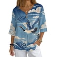 thumbnail image 1 of Xoenoiee Grus Japonensis Cloud Sea Waves Print Women's 3/4 Sleeve Cotton Linen Shirts Casual Button Down V Neck Pullover Spring Casual Loose Fit Tunic Tops Work Blouses, 4XL, 1 of 7