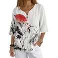 thumbnail image 1 of Xoenoiee Grus japonensis Sunset Print Womens Cotton Linen Button Down Shirts Loose Fit 3/4 Sleeve Blouse Casual V Neck Tops Outfits, XL, 1 of 7