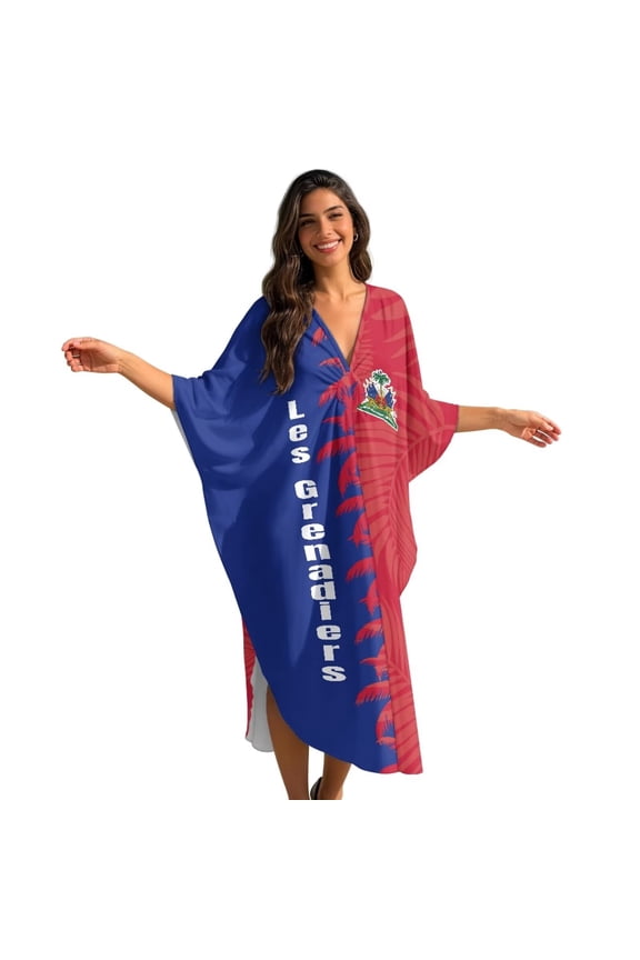 Haiti Flag Palm Tree Pattern Mumu Dresses for Women Boho Kaftan Dresses Batwing Sleeve Caftan with Side Slits, Long Moo Moo Nightgown Beach Cover Up