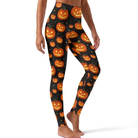 Xoenoiee Halloween Jack-O-Lantern Pumpkin Print Women Tummy Control Leggings, High Waist Buttery Soft Breathable 4‑Way Stretch Yoga Pants for Gym Running Daily Workout, XL