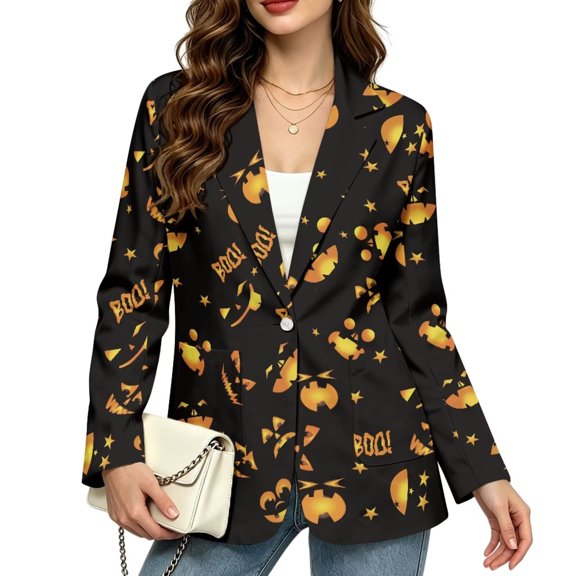Xoenoiee Halloween Pumpkin Star Boo Print Blazer for Women Business Casual Long Sleeve Button Down Notch Lapel Open Front Suit Jacket Halloween Dressy Work Blazer with Pocket Winter Fall Outfit, XS