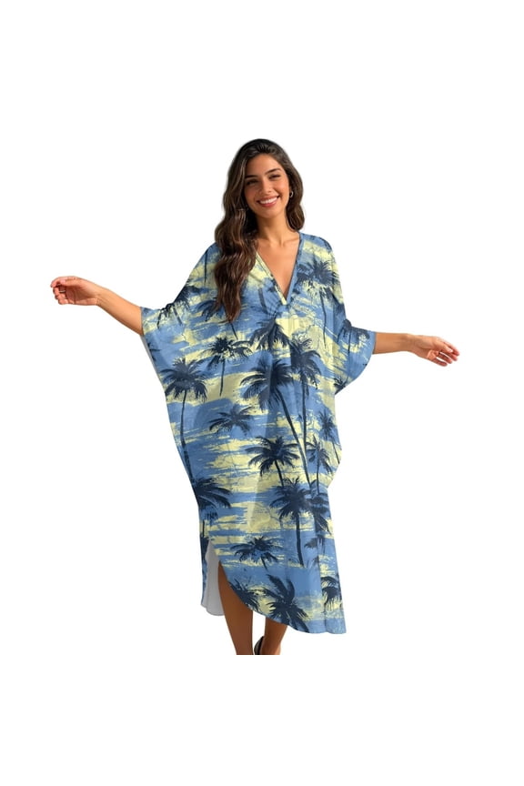 Hawaii Palm Tree Print Women's Kaftan Dress Plus Size Batwing Sleeve Maxi Dress Caftan Moo Moos Beach Cover Up, V Neck Bathing Suit Cover-Up