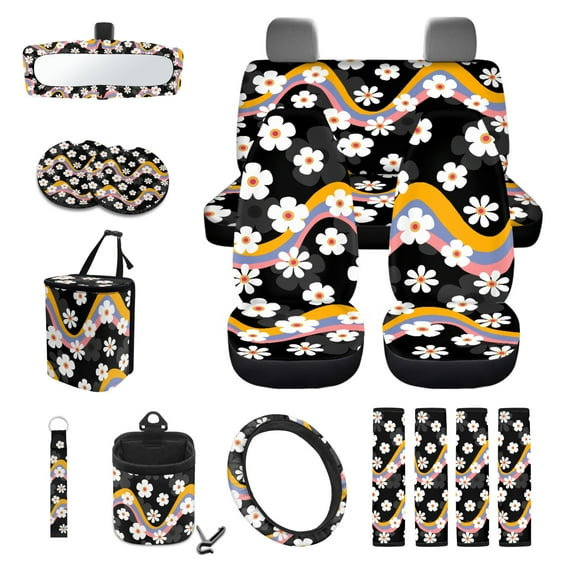 Xoenoiee Hawaiian Hippie Flower 15 Pack Car Accessories, Universal Auto Seat Covers Steering Wheel Cover Seatbelt Strap Pad Trash Can Mount Storage Pocket Cup Holders Rearview Mirror Cover Keychain