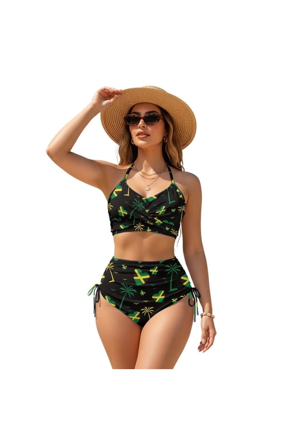 Heart Jamaica Flag Palm Tree Print Women High Waisted Bikini Sets V Neck Tummy Control Bathing Suit Two Piece Swimsuits with Removable Pad, XS