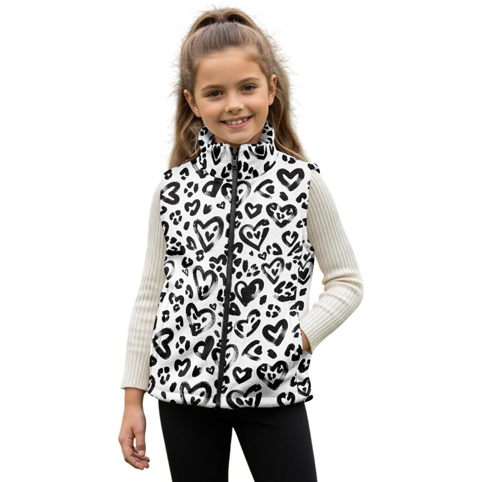 Xoenoiee Heart Leopard Print Girls Fleece Vest Lightweight Sleeveless Jacket Full Zip Running Vest Stand Collar Fall Winter Clothing, Size 3T