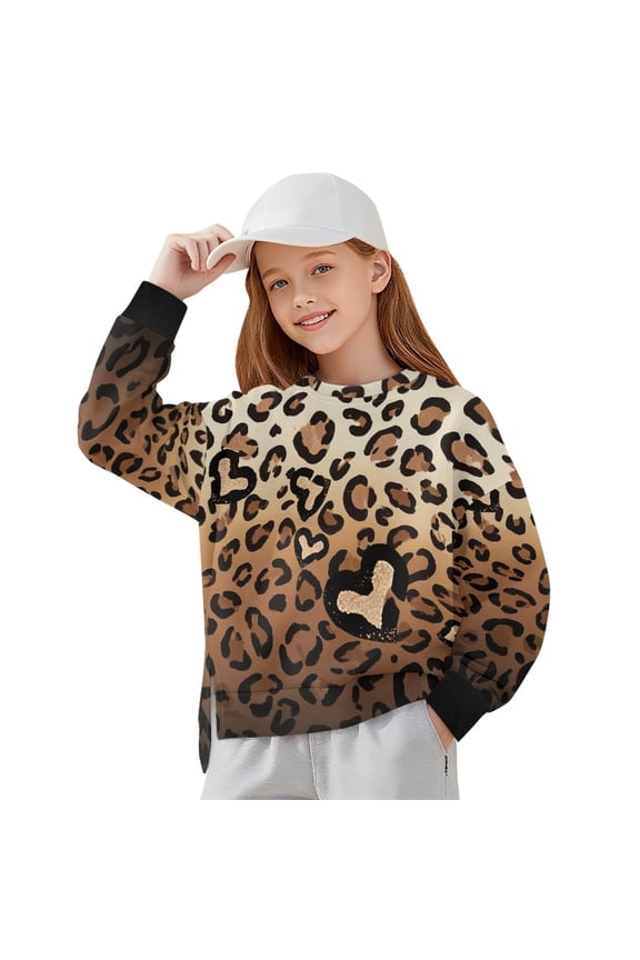 Heart Leopard Print Girls Oversized Sweatshirts Long Sleeve Fleece Side Slit Pullover 2025 Round Neck Fall Outfits Y2K Clothes, 7-8 Years
