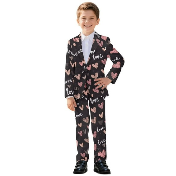 Xoenoiee Heart Love Print Boys' Formal Suit 2 Piece Set Blazer Set Toddler Tuxedos for Wedding, Valentine's Day Suits for Teens Boy Dress School Clothes, Size 5-6 Years