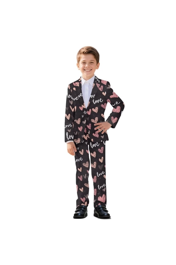 Heart Love Print Boys' Formal Suit 2 Piece Set Blazer Set Toddler Tuxedos for Wedding, Valentine's Day Suits for Teens Boy Dress School Clothes, Size 9-10 Years