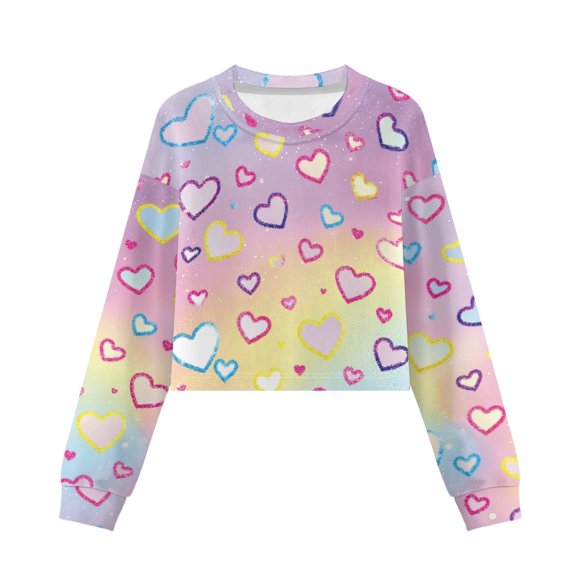 Xoenoiee Heart Love Print Long Sleeve Shirt Crop Top Girls Graphic T-shirt Sweatshirt Pullover Top Casual Crewneck Tees Fall Clothes, 13-14 Years