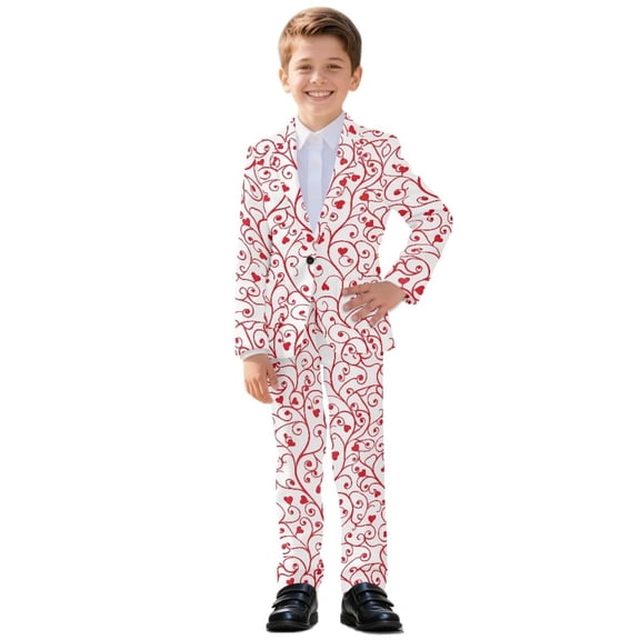 Xoenoiee Heart Love Swirl Print Boys Slim Fit Suit Tuxedo Jacket for Boys Valentine's Day Blazer and Pants 2 Piece Suits Set Dresswear for Kids, Size 11-12 Years