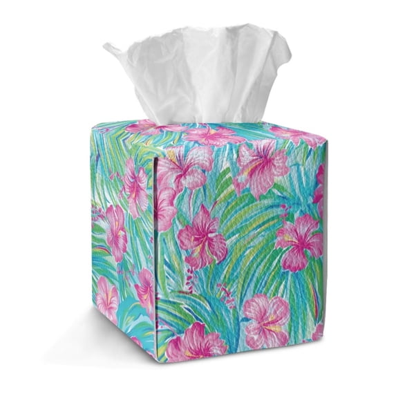 Xoenoiee Hibiscus Leaf Print Tissue Box Cover Square Foldable Tissue Box Holder PU Leather Facial Paper Organizer, for Bathroom Bedroom Living Room Parlors Office, Snap Closure