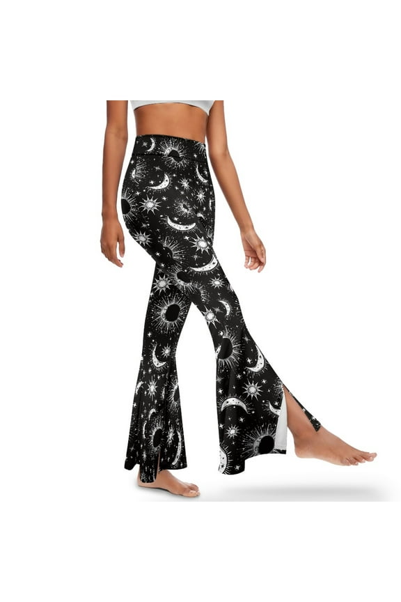 High-Waisted Flared Leggings for Girls Tummy Control Women's Flared Slit Yoga Pants Stretch Bell Bottom Pants Slit Front Workout Gym Leggings, L, Moon Sun Star Black