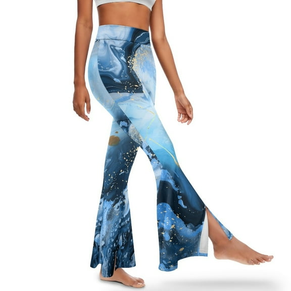 Xoenoiee High Waisted Flared Leggings for Women Tall Yoga Pants Butt Lifting Flared Pants 70s Pants Slit Front Women's Leggings with Elastic Waistband Tummy Control, XL, Marble Blue