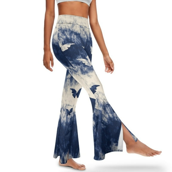 Xoenoiee High Waisted Flared Leggings for Women Tall Yoga Pants Butt Lifting Flared Pants 70s Pants Slit Front Leggings with Elastic Waistband Tummy Control, L, Butterfly Dark Blue Tie-Dye