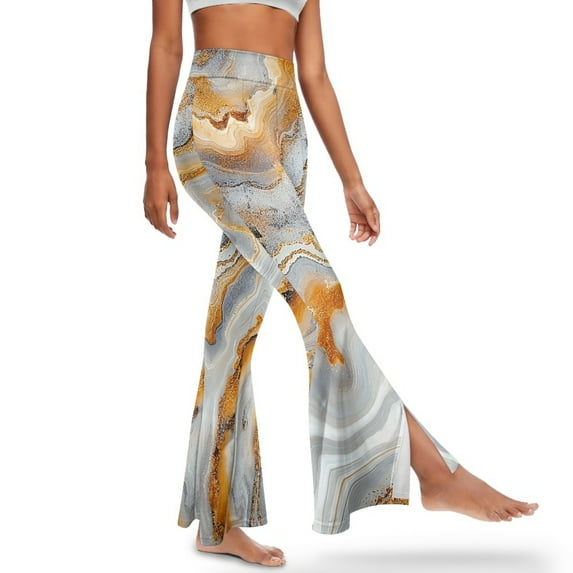 Xoenoiee High Waisted Flared Pants for Girls Butt Lift Flared Leggings Women's Bootcut Yoga Pants Stretchy Bell Bottom Pants Workout Pants Buttery Soft Tall Yoga Pants, S, Grey-Gold Marble