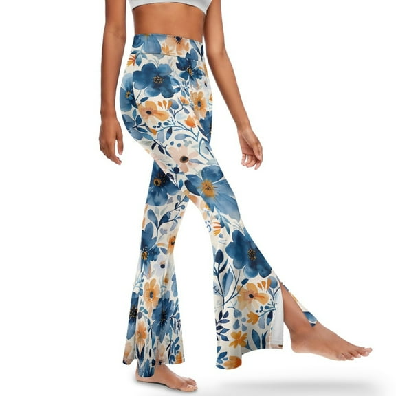 Xoenoiee High Waisted Flared Pants for Girls Butt Lift Flared Leggings Women's Bootcut Yoga Pants Stretchy Bell Bottom Pants Workout Pants Buttery Soft, M, Flowers Leaf Print Dark Color