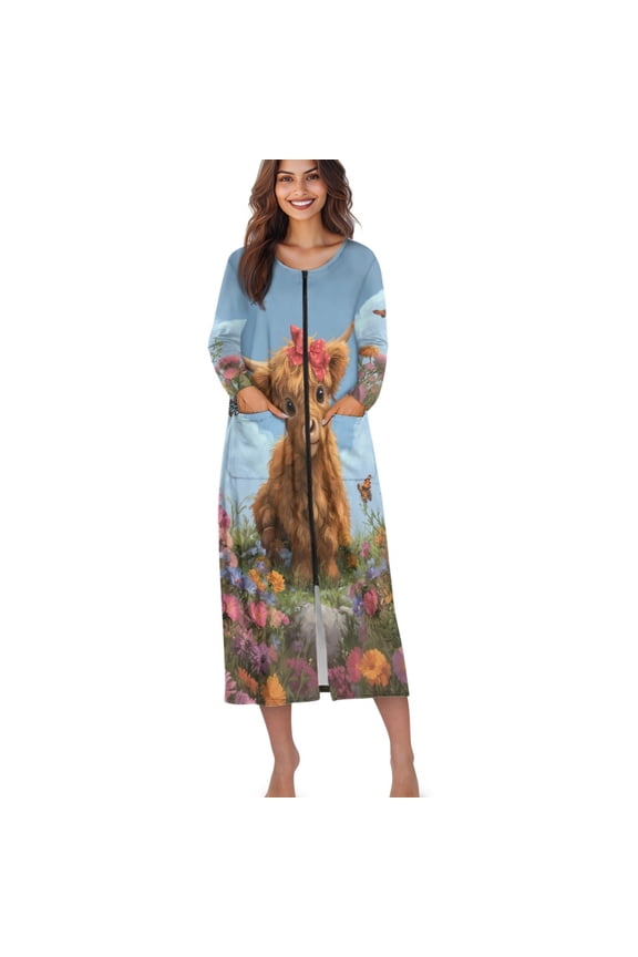 Highland Cattle Butterfly Flower Print Women Zipper Robe Long Sleeves Loungewear Dress Full Length Sleepwear Pockets Housecoat Nightgown Long Bathrobe, Size S