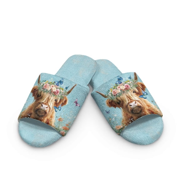 Xoenoiee Highland Cattle Butterfly Rose Print Women Men Cotton Open Toe House Slippers, Breathable Summer Indoor Slides, Memory Foam Slip-on Slippers Anti Slip Sole, 4.5-5 Women/3.5-4.5 Men