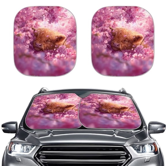 Xoenoiee Highland Cattle Cherry Blossom Print Windshield Sun Shade, 2 PCS Car Sun Shade Windshield Blocks UV Rays, Keep Car Interior Cool, Foldable Windshield Sunshade for Hatchback, Truck, SUV, MPV