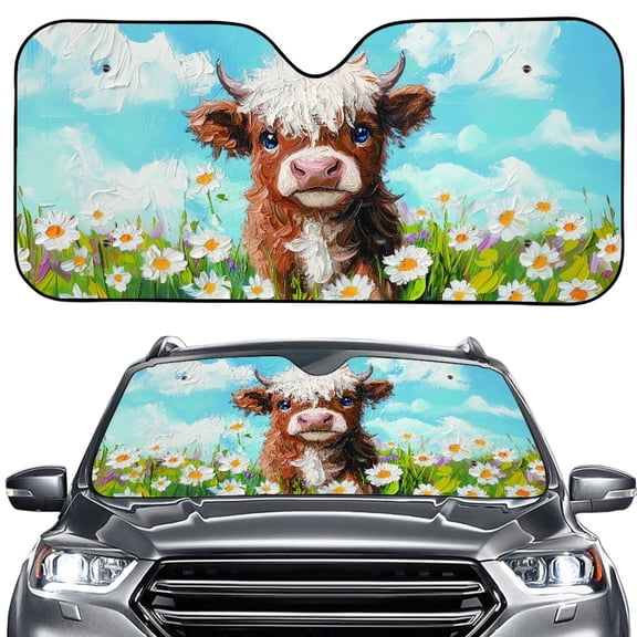 Xoenoiee Highland Cattle Daisy Pattern Car Windshield Sun Shade, Sun Visor Foldable Sun Shade Blocks UV Rays Heat Insulation Easy to Use Interior Accessories