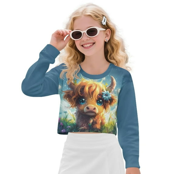 Xoenoiee Highland Cattle Flower Print Cropped Pullover for Girls Teens Soft Dancing School Casual Pullover Long Sleeve Crop Sweatshirt Kids Playwear, 7-8 Years