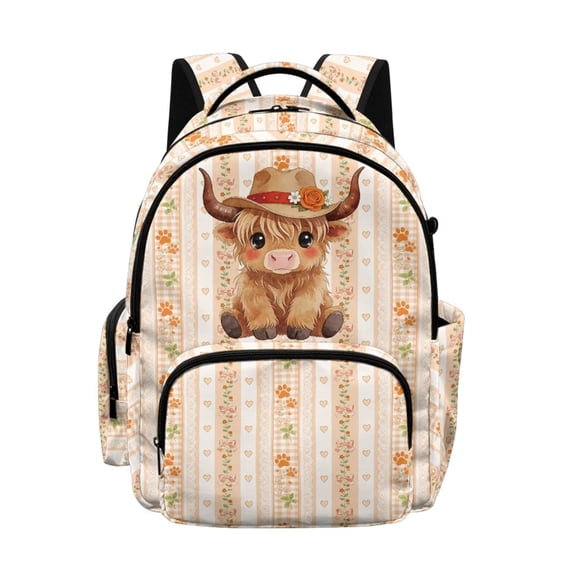 Xoenoiee Highland Cattle Hat Pattern Backpack School Bag for Kids Teen 17 Inch Bookbag Organizer Large Capacity Organizer Book Bags Elementary Preschool Backpack Satchel for Girls