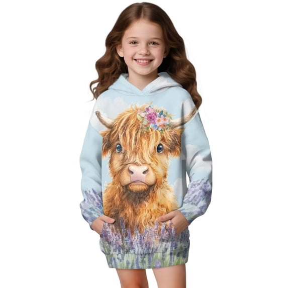 Xoenoiee Highland Cattle Lavender Flower Print Long Hoodies Sweatshirts for Girls Teen Kids with Hooded Pullover Athletic Loose Outfits Casual Sweater Tunic Dress Tops with Pocket, 7-8 Years