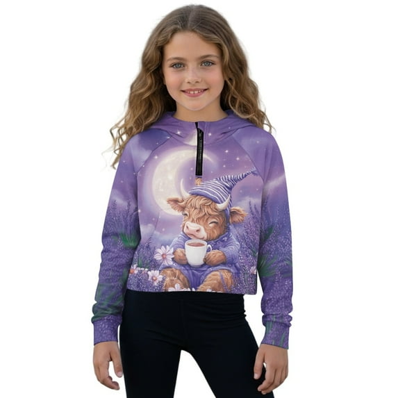 Xoenoiee Highland Cattle Moon Daisy Lavender Print Girls Half Zip Sweatshirts Collar Zip Up Pullover Hoodies Cropped Long Sleeve Hoodie with Pocket for Girls, 13-14 Years