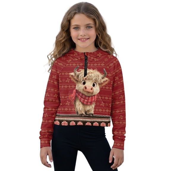 Xoenoiee Highland Cattle Snowflake Print Sweatshirt for Girls Christmas Fall Half Zip Pullover Oversized Fleece Mock Neck Hoodies Fashion Outfits Winter Clothing, Size 9-10 Years