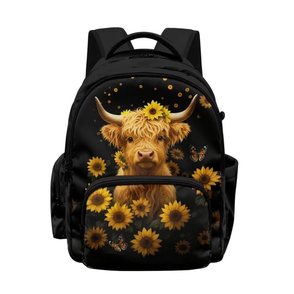 Xoenoiee Highland Cattle Sunflower Butterfly Pattern Kids School Backpack Large Capacity Casual Daypack with Zipper Pocket Middle School Elementary School Bookbags Travel Rucksack Knapsack for Girls
