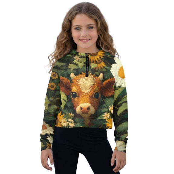 Xoenoiee Highland Cattle Sunflower Daisy Print Girls's 2025 Fall Hooded Sweatshirts Long Sleeve Half Zip Cropped Hoodies Pullover Winter Fashion Clothes for Girls, 11-12 Years