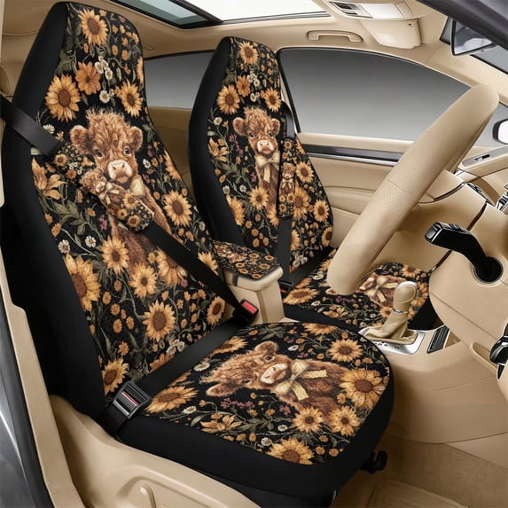 Xoenoiee Highland Cattle Sunflower Daisy Print PU Leather Car Accessories Automotive Seat Covers Full Set of 5 Seat Protectors with Seat Belt Pads, Car Armrest Cover for SUV Van