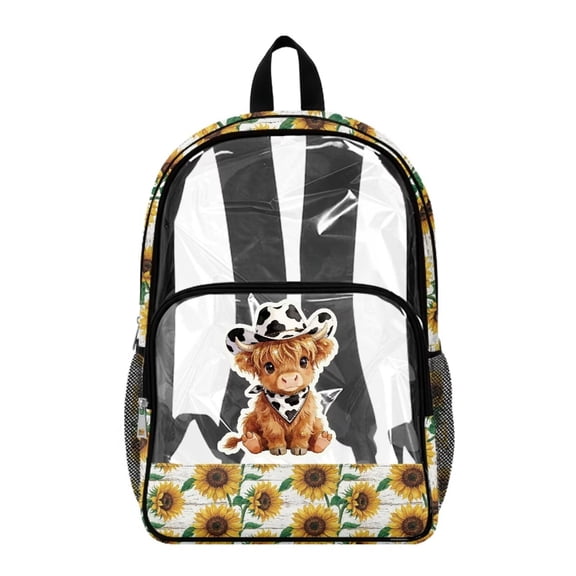 Xoenoiee Highland Cattle Sunflower Print Clear Backpack for School Girls Teens Clear Bag for Stadium Events Large Capycity Backpack Waterproof Schoolbag PVC See Through Bookbag Back to School Gifts