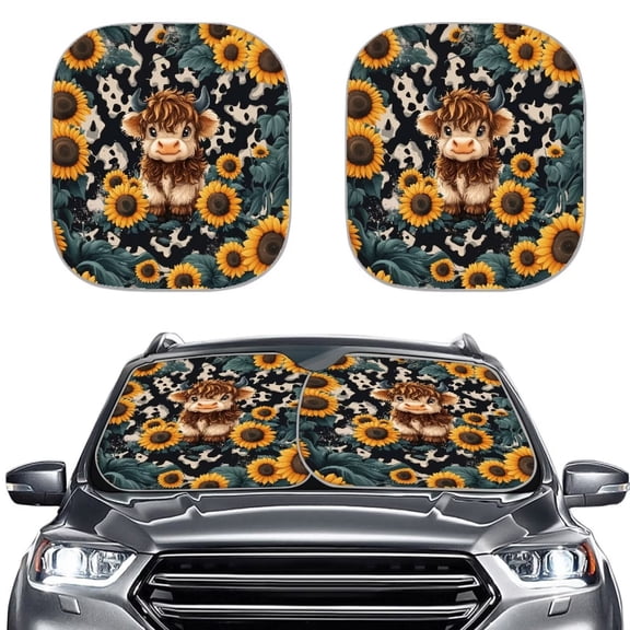 Xoenoiee Highland Cattle Sunflower Print Gven Windshield Sun Shade 2pcs Car Sunshade for Front Window Shades Reflect UV and Heat Sun Visor Automotive Interior Sun Protection