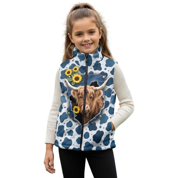 Xoenoiee Highland Cattle Sunflower Print Kids Warm Winter Vest, Sleeveless Polar Fleece Jacket with Zipper, Stand Collar Outerwear with Pockets for Toddler Girls, Size 7-8 Years