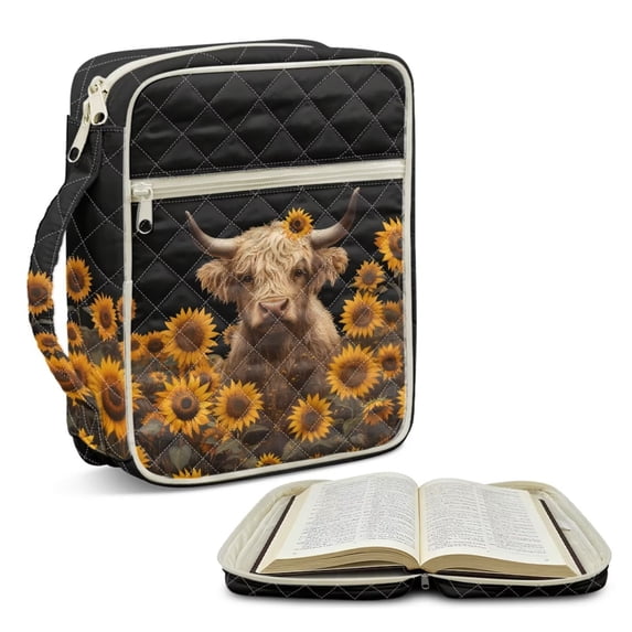 Xoenoiee Highland Cattle Sunflower Print Quilted Bible Cover, Bible Cover Case for Women, Large Bible Carrying Case with Handle, Lightweight Bible Study Supplies Christian Gift for Men