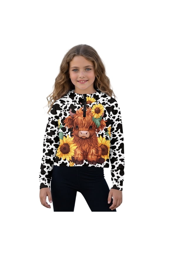 Highland Cattle Sunflower Print Sweatshirts for Girls Kids Half Zipper Hoodie Long Sleeve Crop Top Fall Winner Pullover Jacket with Pocket, 13-14 Years