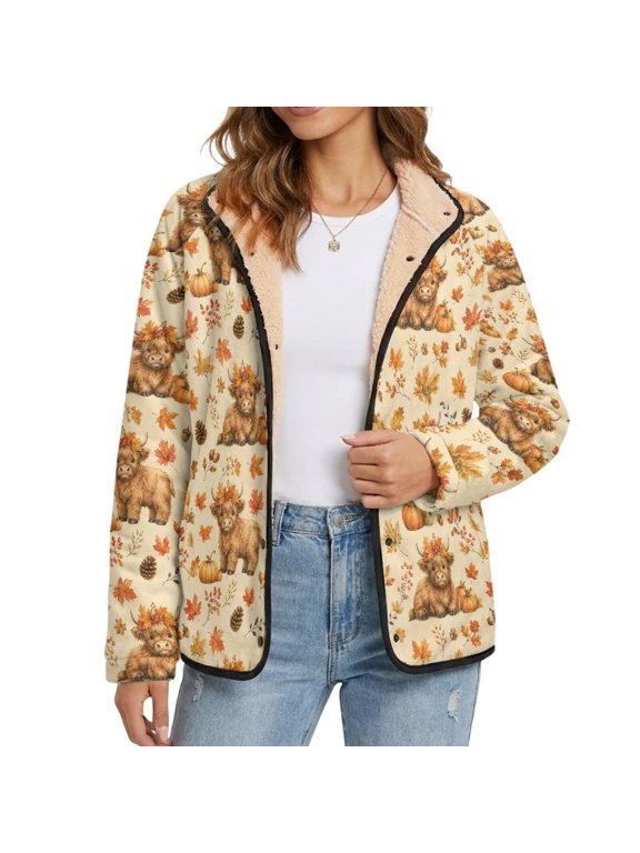 Highland Cow Pumpkin Maple Leaf Print Womens Coats Jackets Fleece Jacket Button Down Outerwear Thanksgiving Long Sleeve Fleece Lined Jacket with Pockets for Hiking Athletic, L