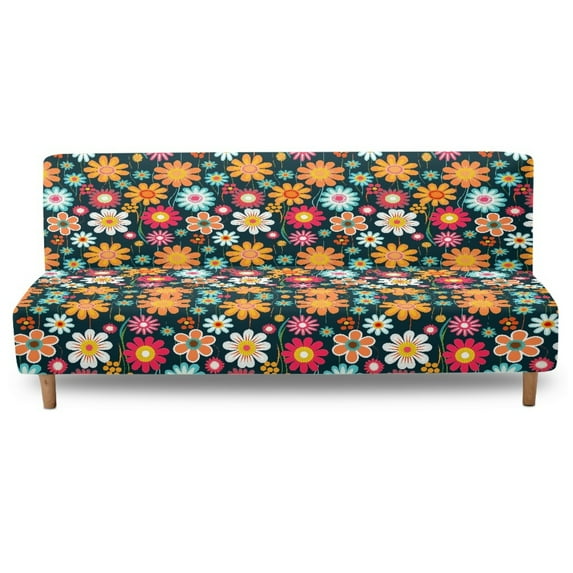 Xoenoiee Hippie Daisy Flower Pattern Stretch Armless Folding Sofa Slipcover Elastic One Piece Spandex T Cushion Futon Bed Covers Decorative Dust Proof Furniture Protector