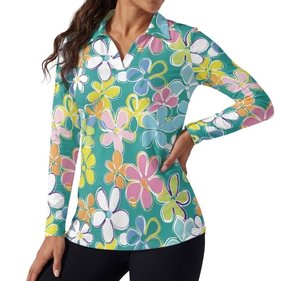 Xoenoiee Hippie Daisy Flower Print Women's Long Sleeve Golf Polo Shirts V Neck Collared Workout Tops UV Protection Activewear Pullover Golf Apparel Quick Dry Blouses Athletic Tennis Tops, 2XL