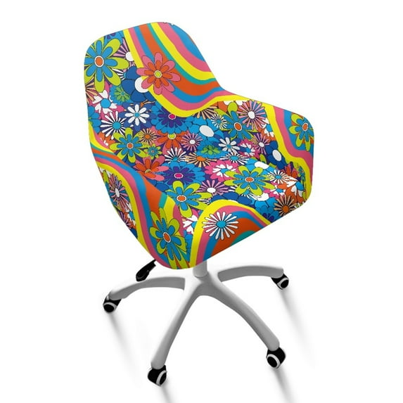 Xoenoiee Hippie Daisy Pattern Velvet Office Chair Slipcover with Arms, Modern Office Computer Chair Protector,Stretch Wingback Dining Chair Cover Protector for Home Kitchen Living Room