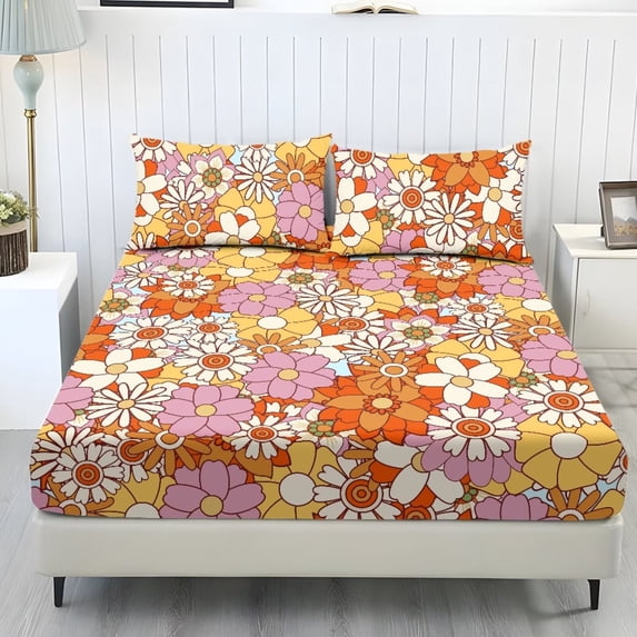 Xoenoiee Hippie Daisy Print 3 Piece Fitted Sheet and Pillowcase Set, Including 1 Fitted Sheet & 2 Pillowcase Set, Soft and Cooling Deep Pocket Fitted Sheet, NO Flat Sheet Included, Twin XL Size