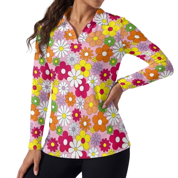 Xoenoiee Hippie Daisy Print Long Sleeve Golf Shirts for Women Lightweight Polo Tops V Neck Activewear Summer Tennis Shirts Quick Dry Shirts Tee Tops Teenis Shirts Plus Size, Size S