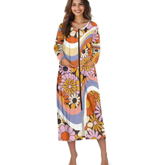 Xoenoiee Hippie Daisy Print Women Zipper Robe Long Sleeves Loungewear Dress Full Length Sleepwear Pockets Housecoat Nightgown Long Bathrobe, S