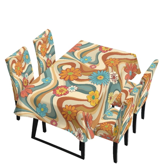 Xoenoiee Hippie Daisy Swirl Print Rectangle Christmas Tablecloth Chair Cover Set Table Covers 55x82 Inches Table Cloth 4 Pieces Chair Cover for Kitchen Dining Room Decorative