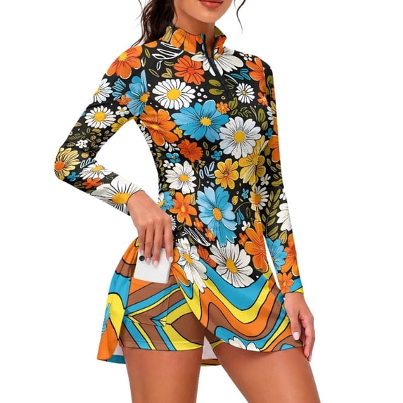 Xoenoiee Hippie Daisy Swirl Print Women's Tennis Dress with Built-in Shorts and Pockets, Long Sleeve Athletic Golf Workout Dress with UPF 50+ Sun Protection, Size S
