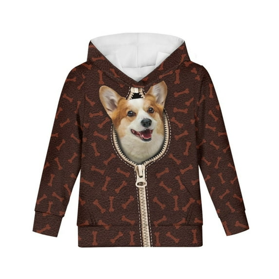 Xoenoiee Hooded Sweater for Kids Long Sleeve Hoodies with Kangaroo Pocket Fall Winter Warm Clothing for Traveling Running Hiking, Vintage Corgy Dog Bone Pattern, M