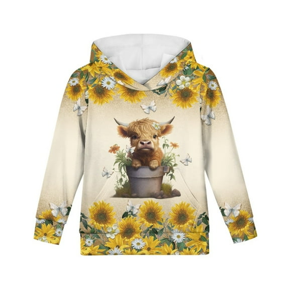 Xoenoiee Hooded Sweater for Kids Pull-Over Hoodies Long Sleeve Tops Cosy Playwear with Kangaroo Pocket, Retro Sunflower Daisy Butterfly Highland Cattle Pattern, M
