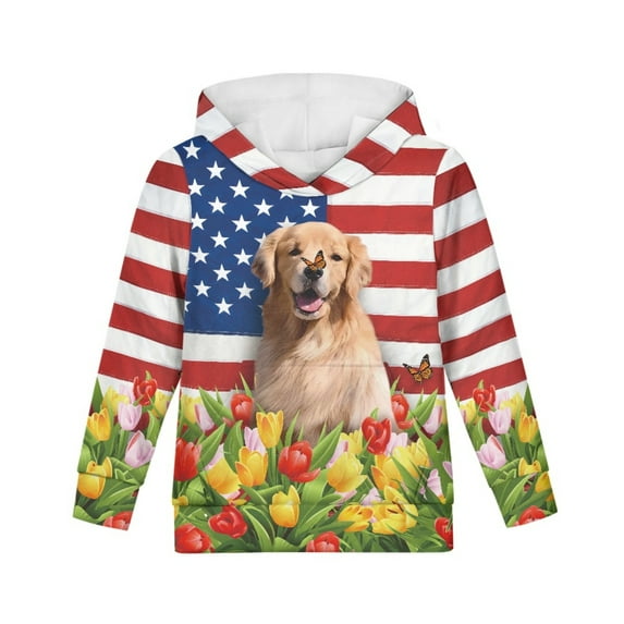 Xoenoiee Hooded Sweater for Kids Pullover Hoodies Long Sleeve Tops with Front Kangaroo Pocket for Fall Winter Athleticwear, Floral American Flag Golden Retriever Dog Butterfly Print, L